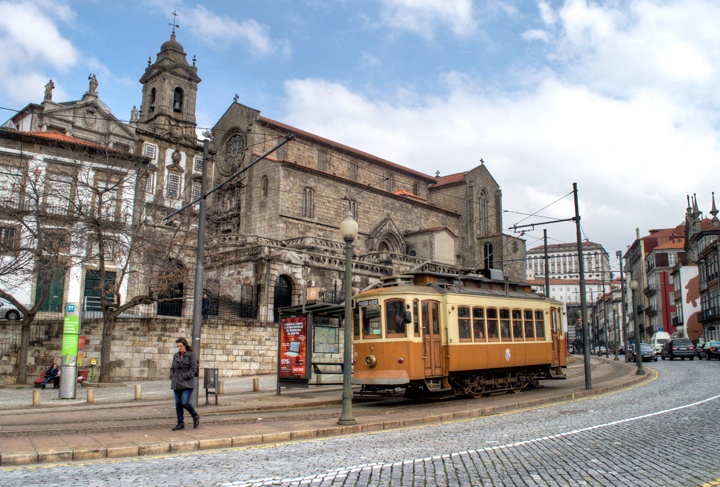 Tram in Porto's Ribeira old town, Portugal