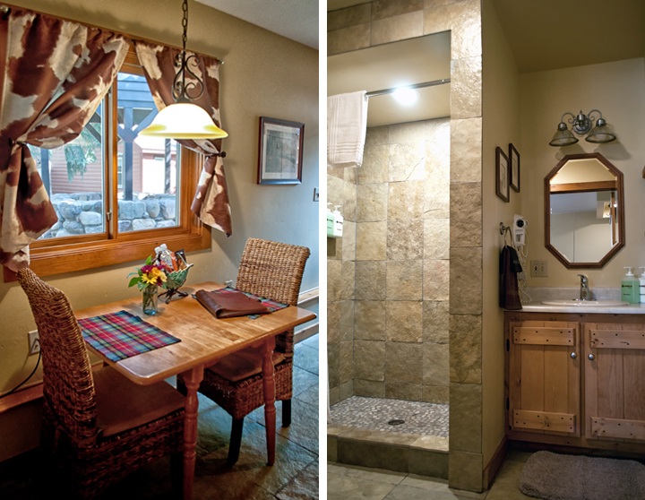 Kitchen area and bathroom at O Bar O Cabins near Durango, Colorado