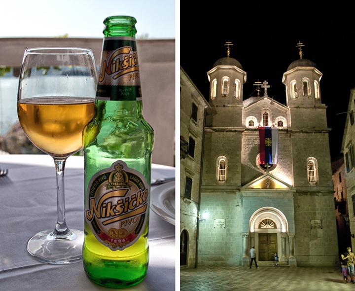 Local beer and the church in Kotor by night
