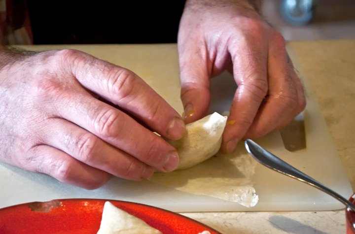 Making briouats at L'Atelier Madada Moroccan cookery school, Essaouira, Morocco