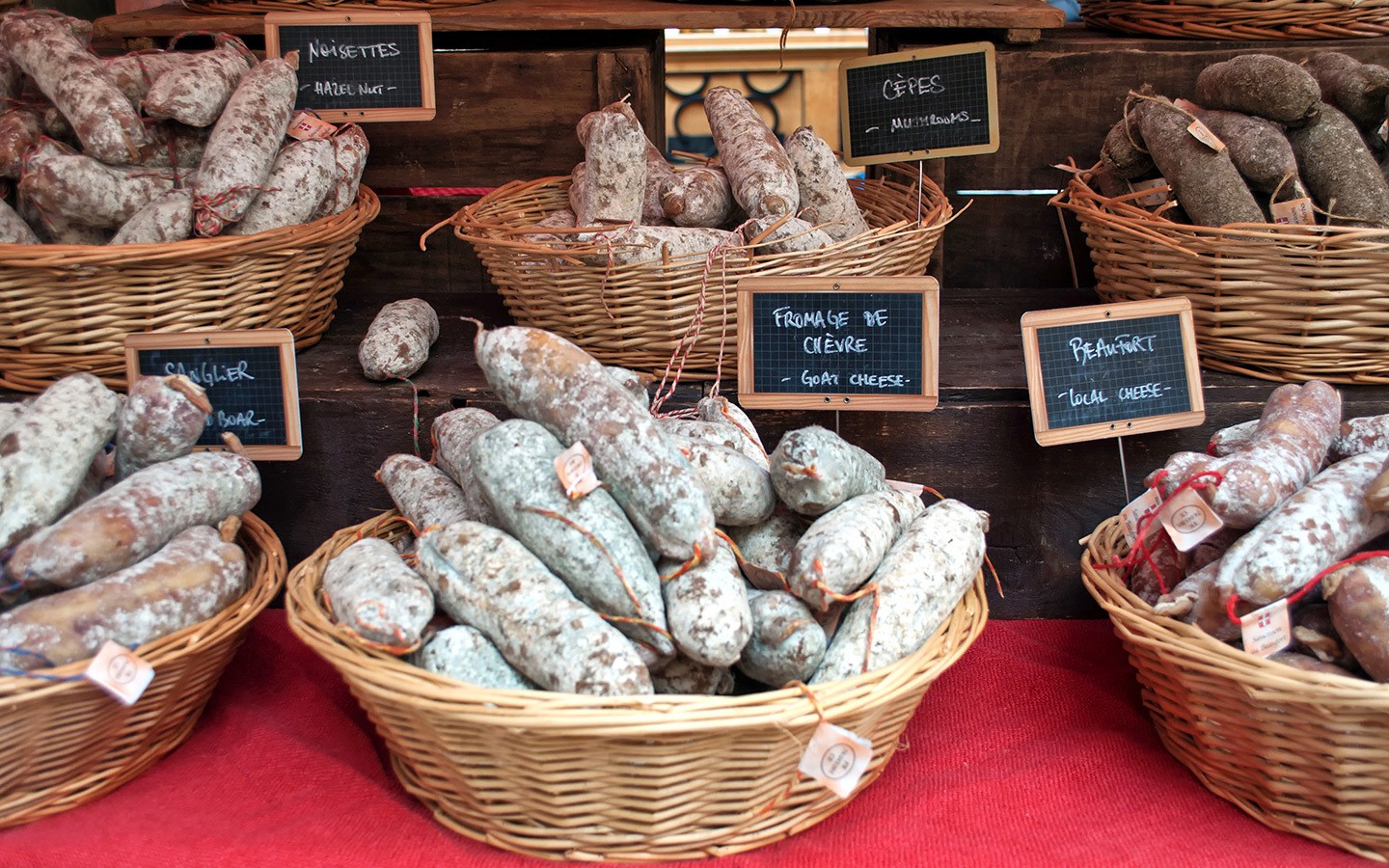 Produce on sale at a market stall in France