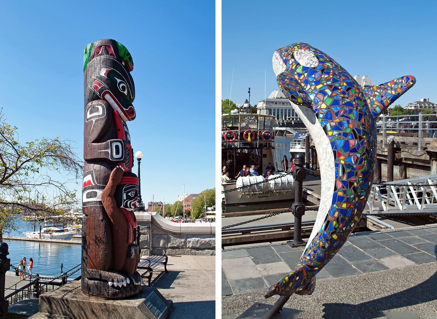 Totem pole and whale mosaic statue in Victoria Harbour, British Columbia