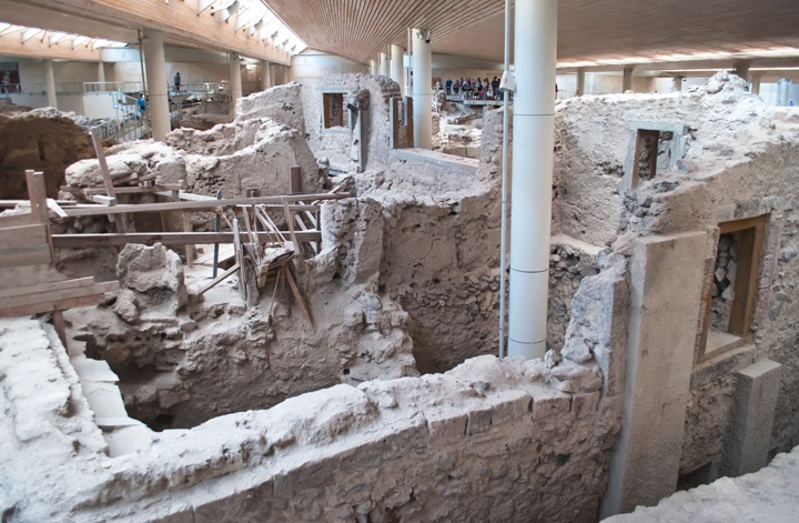 Looking down into the ruins at Akrotiri