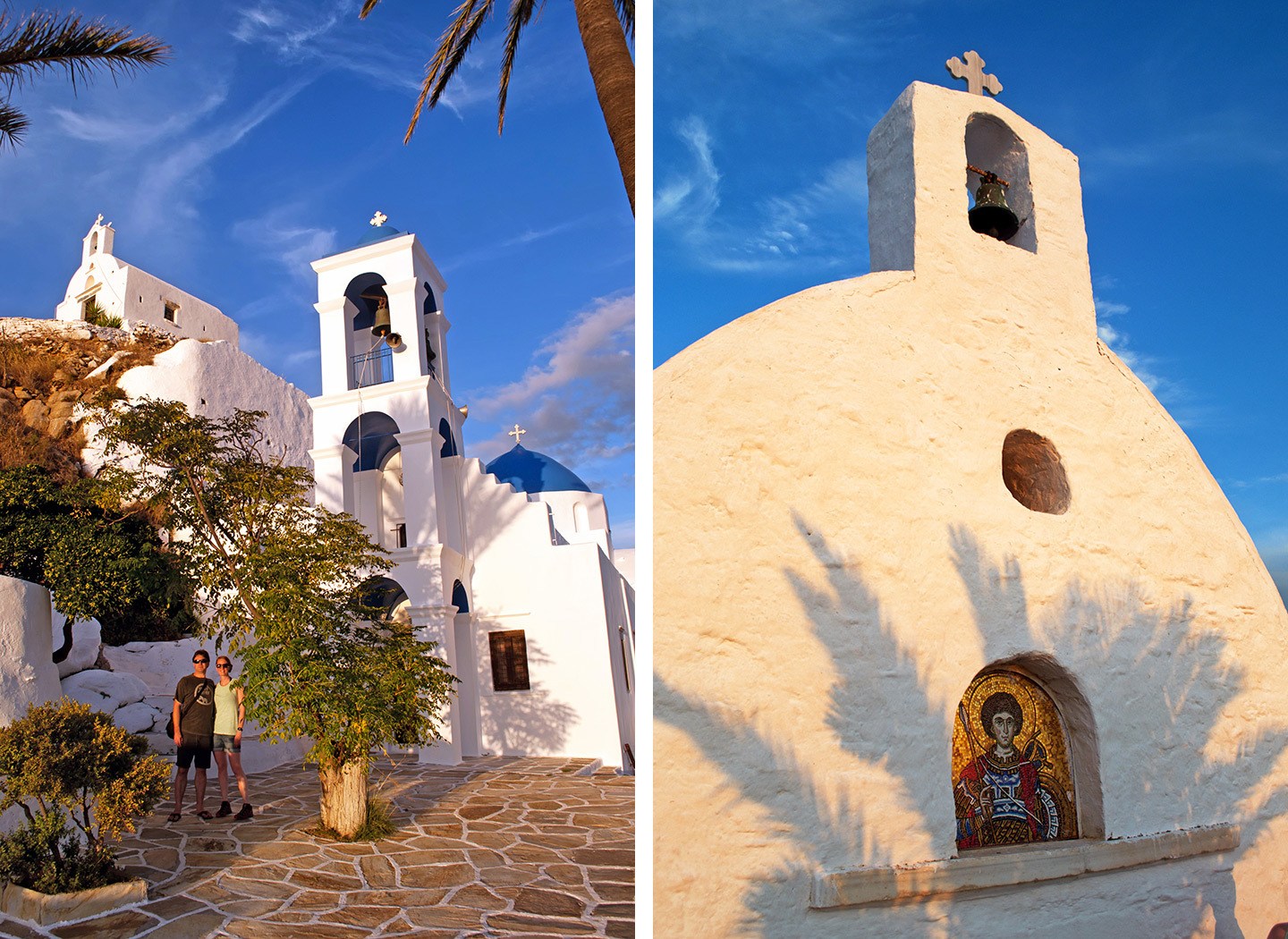 Churches at sunset on the hillside above Chora in Ios, Greece