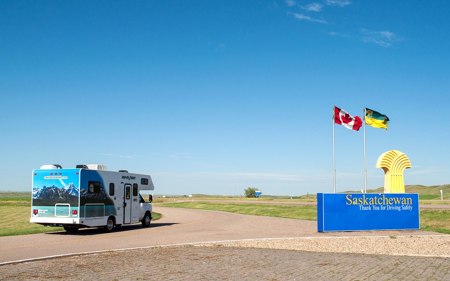 RV on Highway 1 in Canada crossing over into Saskatchewan