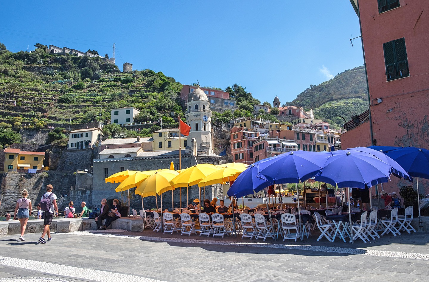 Sunny lunch in Vernazza at a Plaza in Vernazza