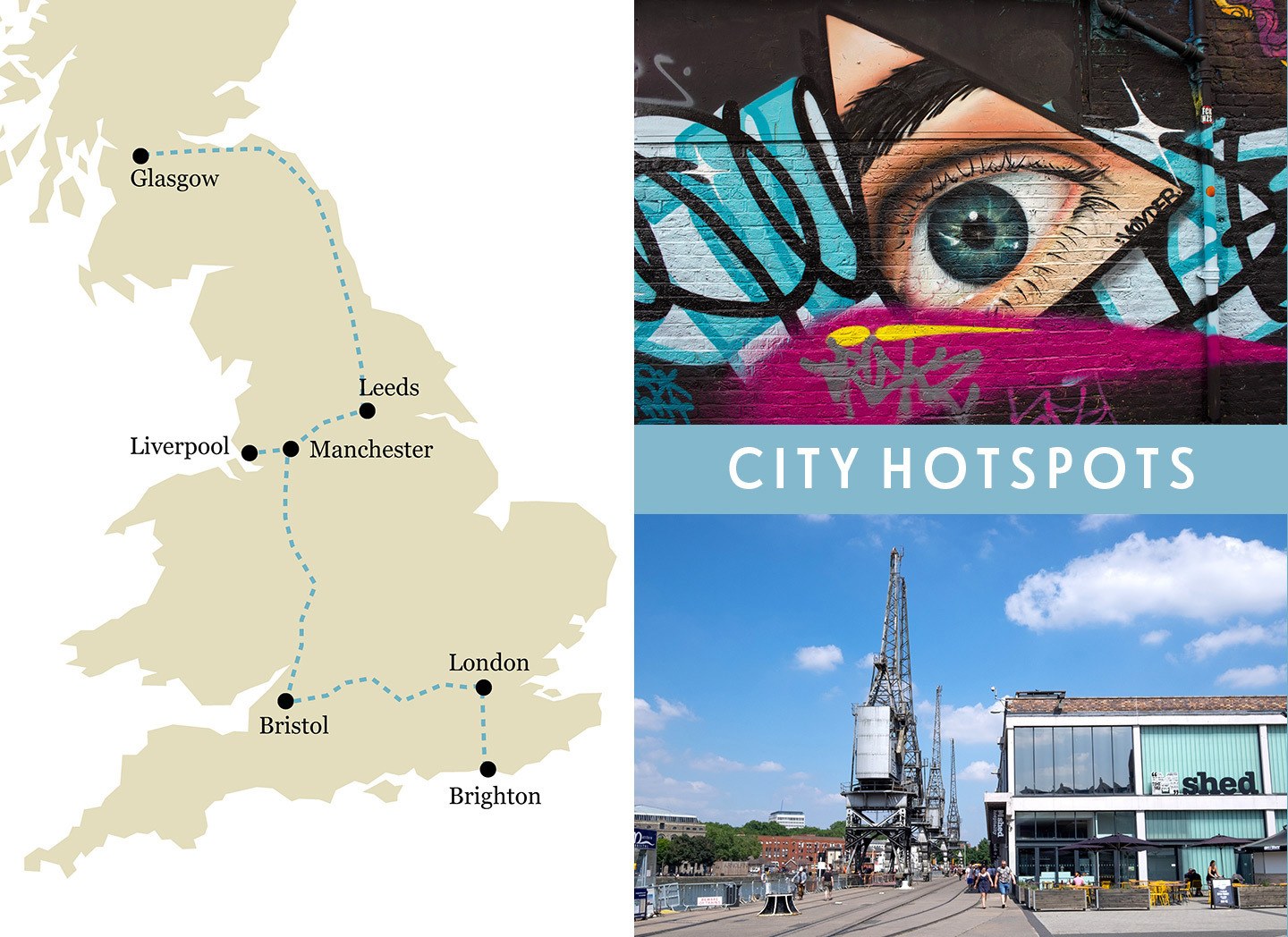 Cool UK cities one-week rail trip route