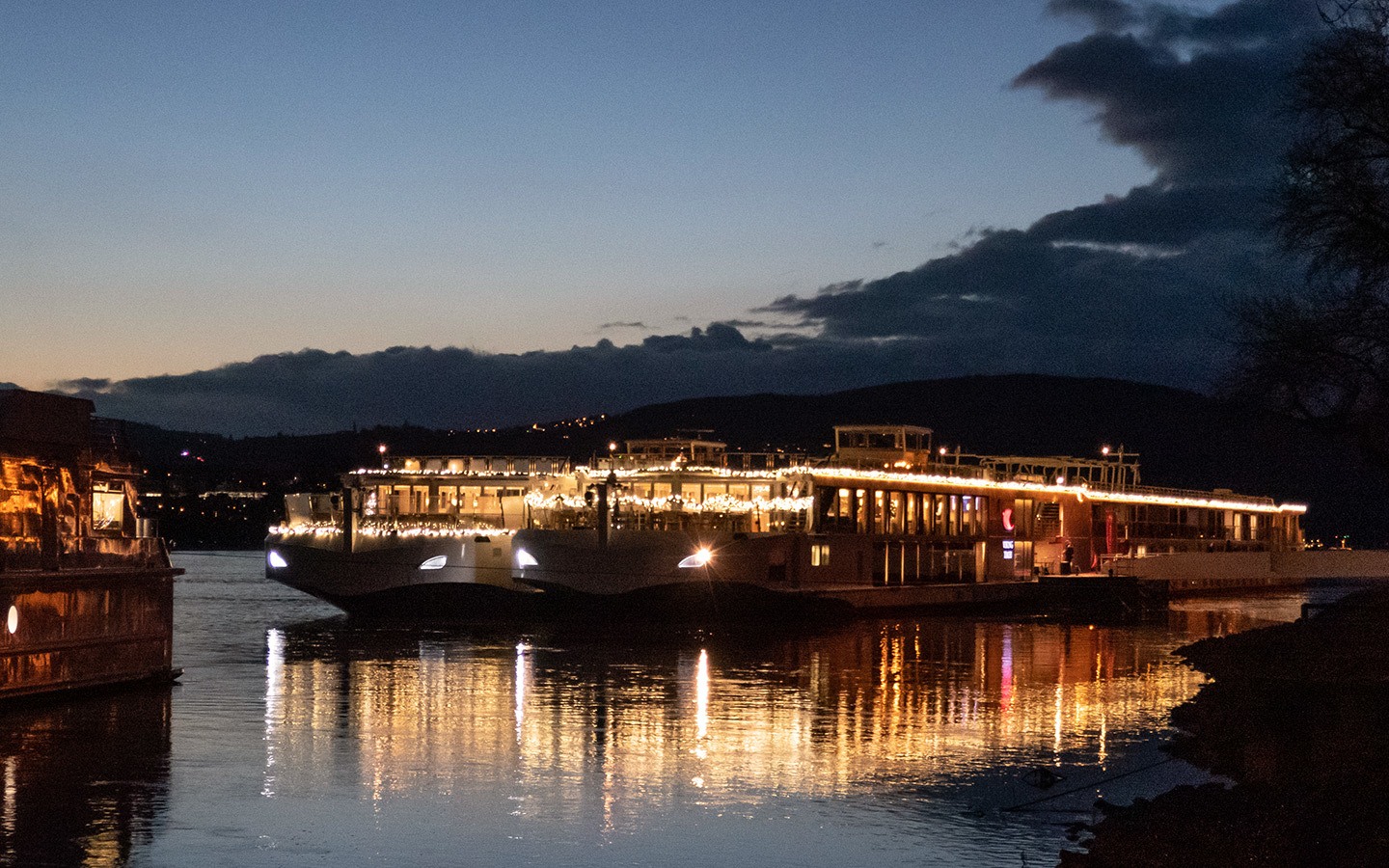 River cruise ships docked at night