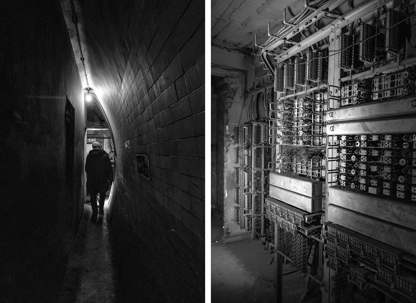 Narrow underground corridors and an old WWII telephone exchange