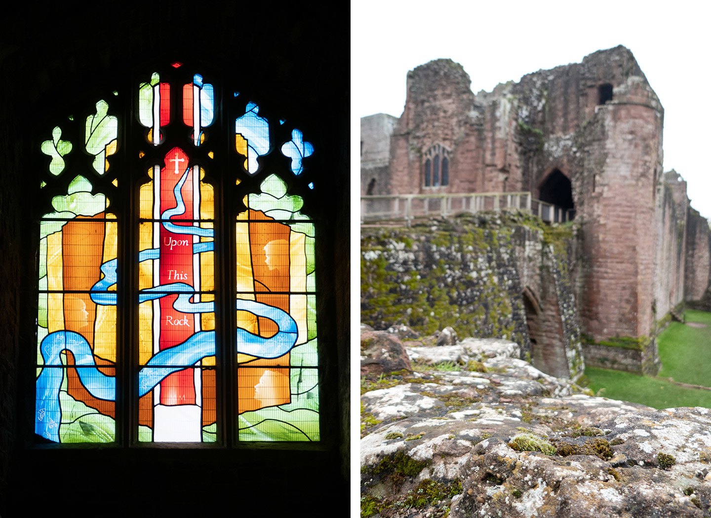 Goodrich Castle in Herefordshire – castle entrance and stained-glass window