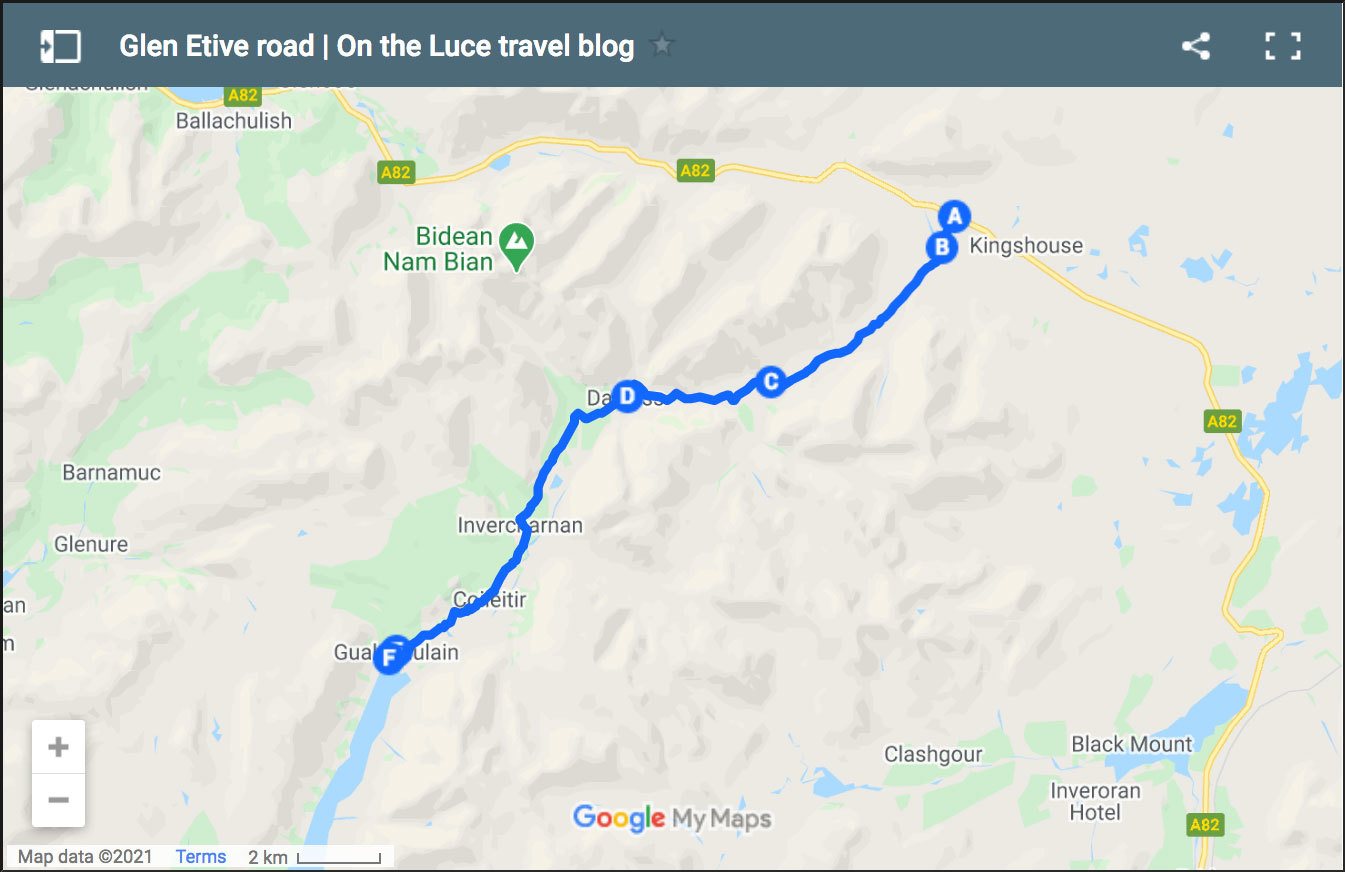 Map of driving the Glen Etive road in the Scottish Highlands