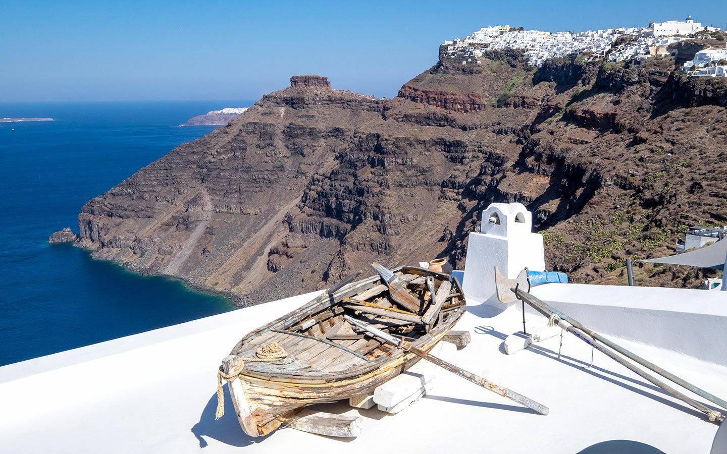 Boat overlooking the caldera in Fira, Santorini