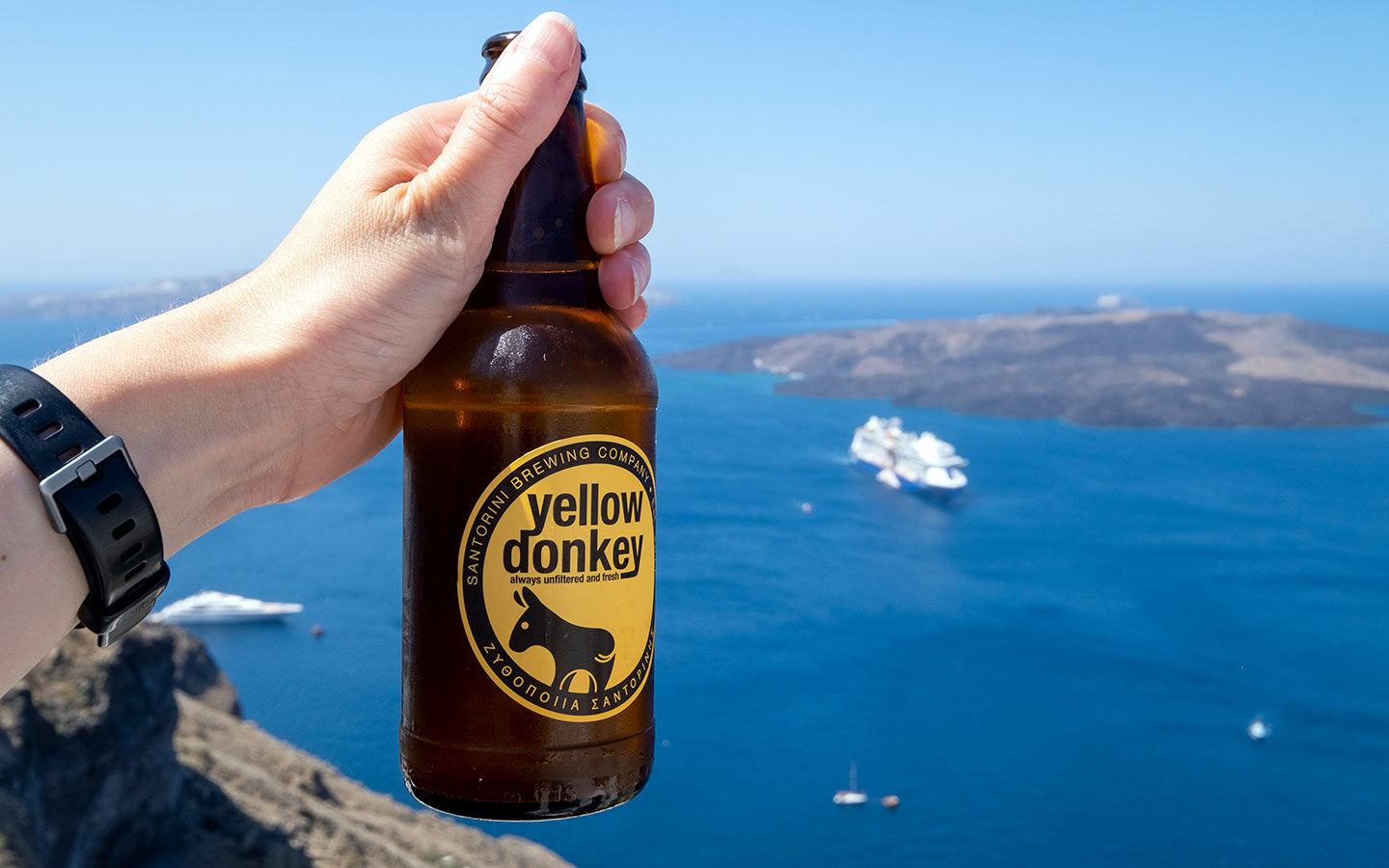 A Yellow Donkey beer from craft brewers Santorini Brewing Company